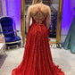 Red V-Neck Sequins Long Prom Dresses, A-Line Backless Evening Dresses nv1463