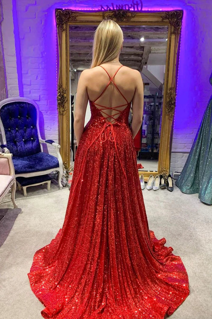 Red V-Neck Sequins Long Prom Dresses, A-Line Backless Evening Dresses nv1463