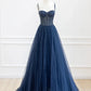 Blue Spaghetti Strap Tulle Sequins Long Prom Dress, Beautiful A-Line Evening Party Dress nv1424