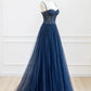 Blue Spaghetti Strap Tulle Sequins Long Prom Dress, Beautiful A-Line Evening Party Dress nv1424