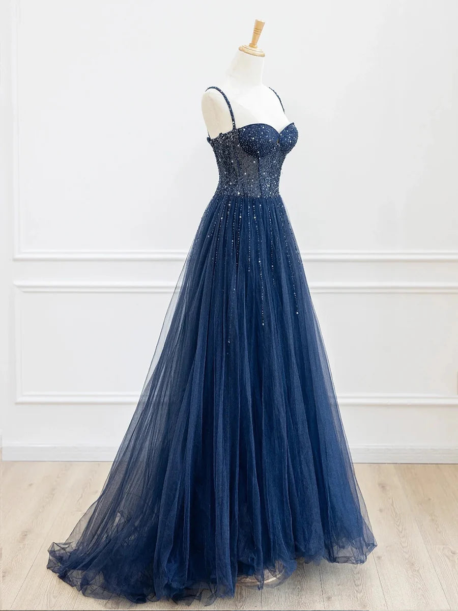 Blue Spaghetti Strap Tulle Sequins Long Prom Dress, Beautiful A-Line Evening Party Dress nv1424