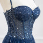 Blue Spaghetti Strap Tulle Sequins Long Prom Dress, Beautiful A-Line Evening Party Dress nv1424