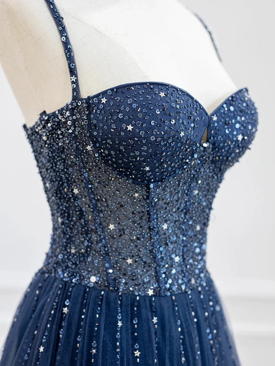 Blue Spaghetti Strap Tulle Sequins Long Prom Dress, Beautiful A-Line Evening Party Dress nv1424