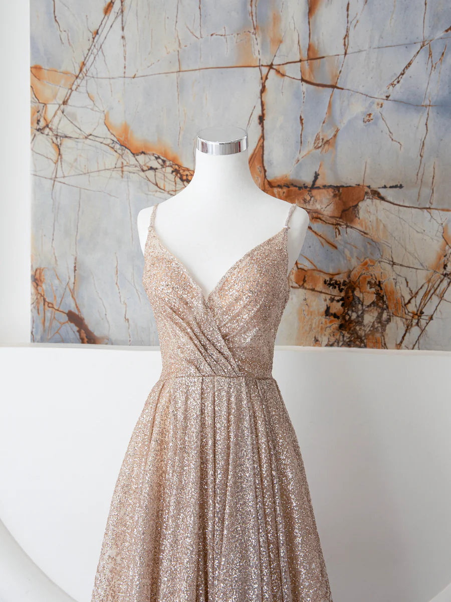 Champagne Spaghetti Strap Sequins Long Prom Dress, Shiny V-Neck Evening Dress nv1434
