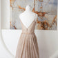 Champagne Spaghetti Strap Sequins Long Prom Dress, Shiny V-Neck Evening Dress nv1434