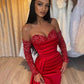 Red Sheath Sweetheart Sequins Prom Dress, Long Sleeves Red Formal Dress nv1438