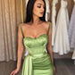Spaghetti Straps Pleats High Split Long Prom Dress, Green Evening Party Dress nv1449