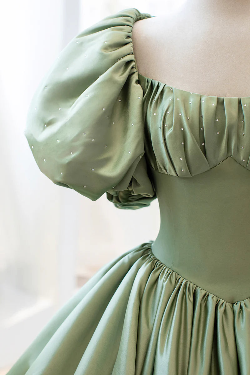 Green Sweet Elegant A-line Long Satin Short Sleeves Prom Dress Evening Dress Birthday Dress Graduation Dress nv74