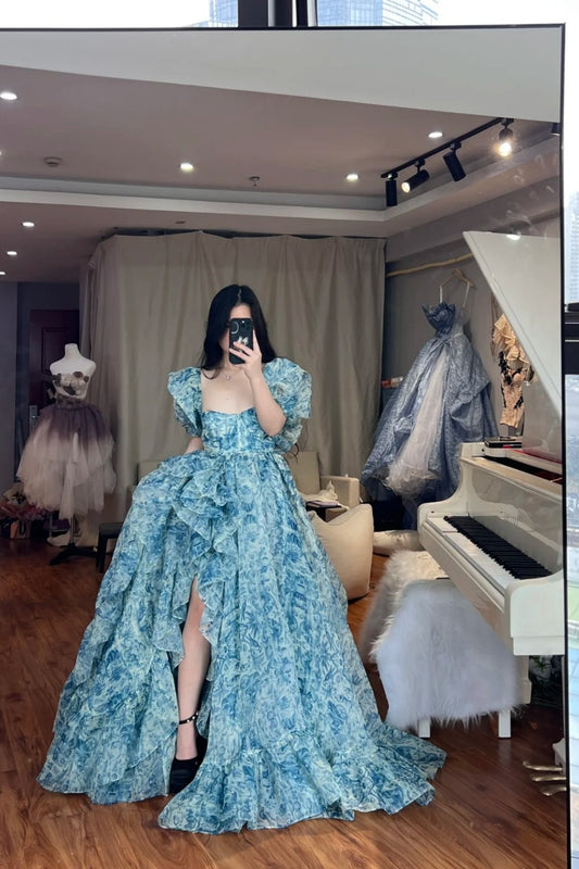 Robe longue en tulle bleu à fleurs NV6652