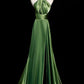 Green Soft Satin Halter Long Evening Dress Party Dress, Green A-Line Prom Dress nv1593