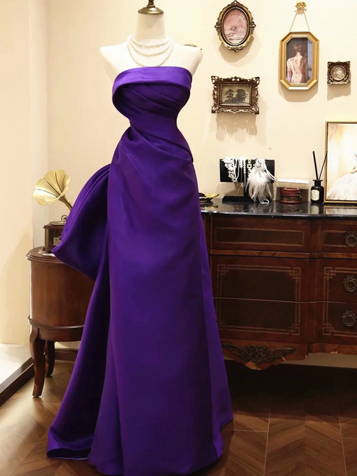 Purple Elegant Fashion Round Neck A-Line Floor Length Long Party Dress Satin Bowknot Long Ball Gown Evening Dress nv3845