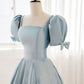 Blue sweet elegant satin A-line short sleeves bow puff sleeves simple floor-length ball gown evening dress party dress nv2565