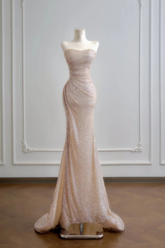 Strapless Sequin Champagne Mermaid Gown Draped Waist Train Formal Evening Dress  NV6879
