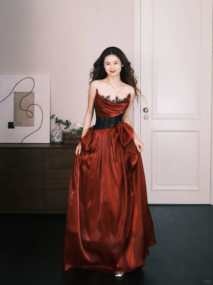 Burgundy Strapless Lace Waist Satin Evening Ball Gown  NV7324