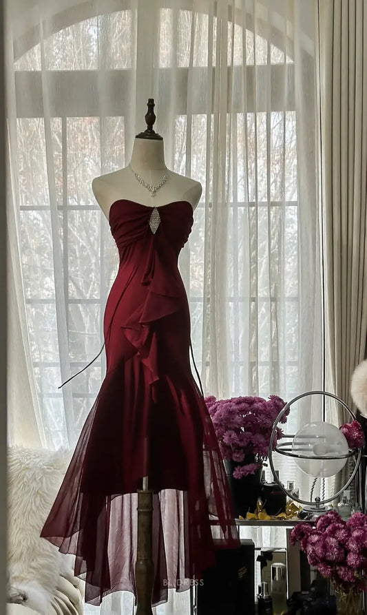 Burgundy Elegant Fashion Mermaid Long Chiffon Ball Gown Bridesmaid Dresses Evening Dresses Prom Dress Birthday Party Dress nv3948
