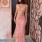 Pink Glitter Floral Exquisite Beading Elegant Spaghetti Strap Sleeveless Mermaid Long Tulle Ball Gown Evening Dress Party Dress nv3806