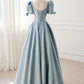Blue sweet elegant satin A-line short sleeves bow puff sleeves simple floor-length ball gown evening dress party dress nv2565