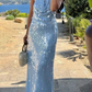 Sparkly Sequins Blue Halter Backless Mermaid Long Evening Dress,Prom Dress nv5338