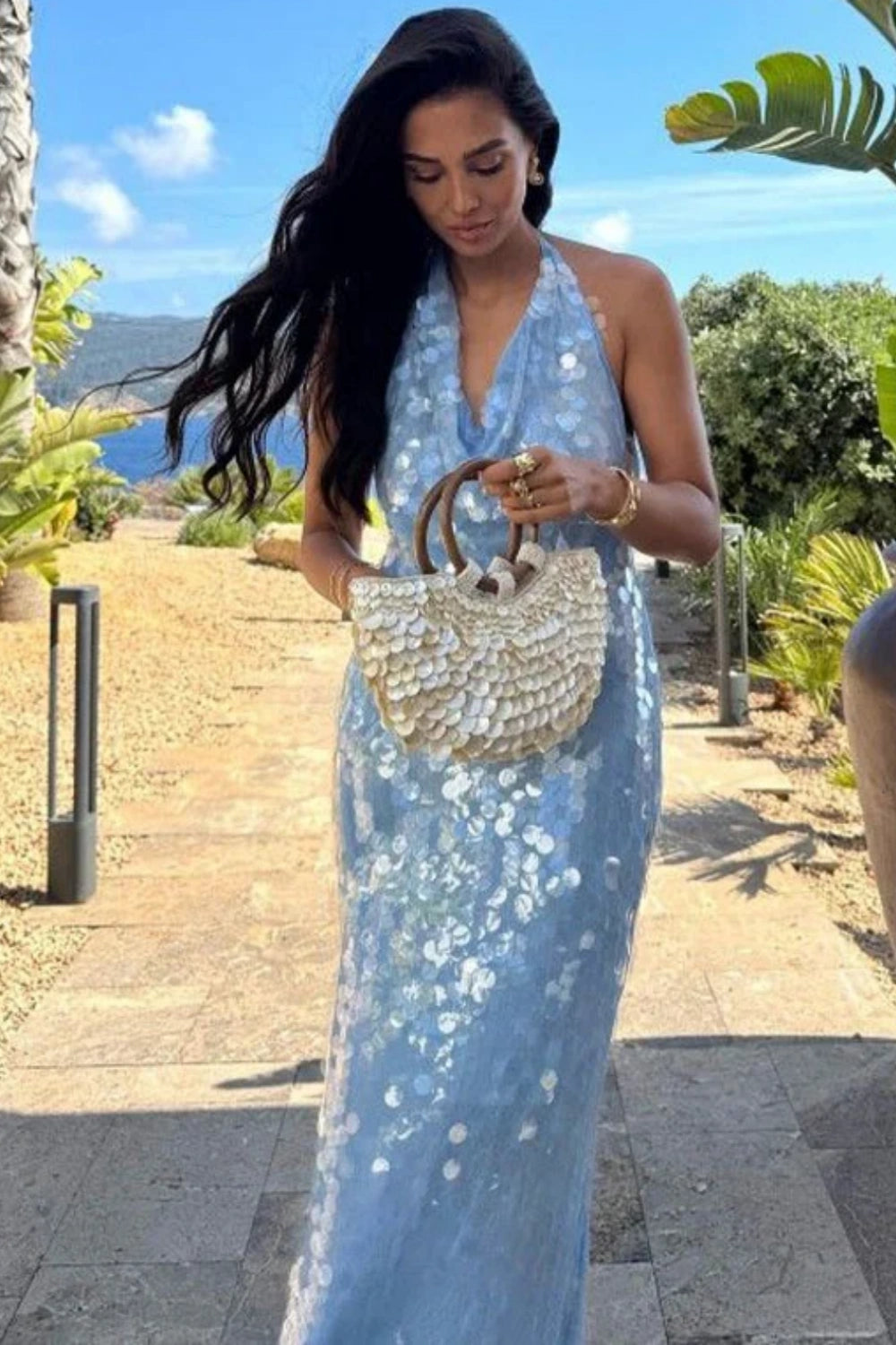 Sparkly Sequins Blue Halter Backless Mermaid Long Evening Dress,Prom Dress nv5338