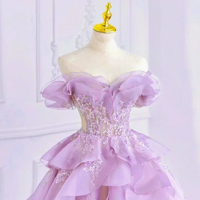 Lilac Elegant Fairy A-line Off-shoulder Long Tulle Ball Gown Evening Dress nv3520