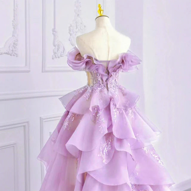 Lilac Elegant Fairy A-line Off-shoulder Long Tulle Ball Gown Evening Dress nv3520
