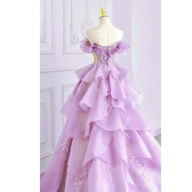 Lilac Elegant Fairy A-line Off-shoulder Long Tulle Ball Gown Evening Dress nv3520