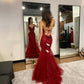 Red shiny elegant beautiful charming V-neck long floor-length tulle exquisite beaded back lace-up ball gown evening dress party dress prom dress nv3995