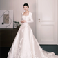 Square Neck Long Sleeve Satin A Line Wedding Gown with Floral Appliques  NV7346