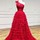 Red Tulle Lace Long Prom Dresses, One Shoulder Evening Dresses nv1543