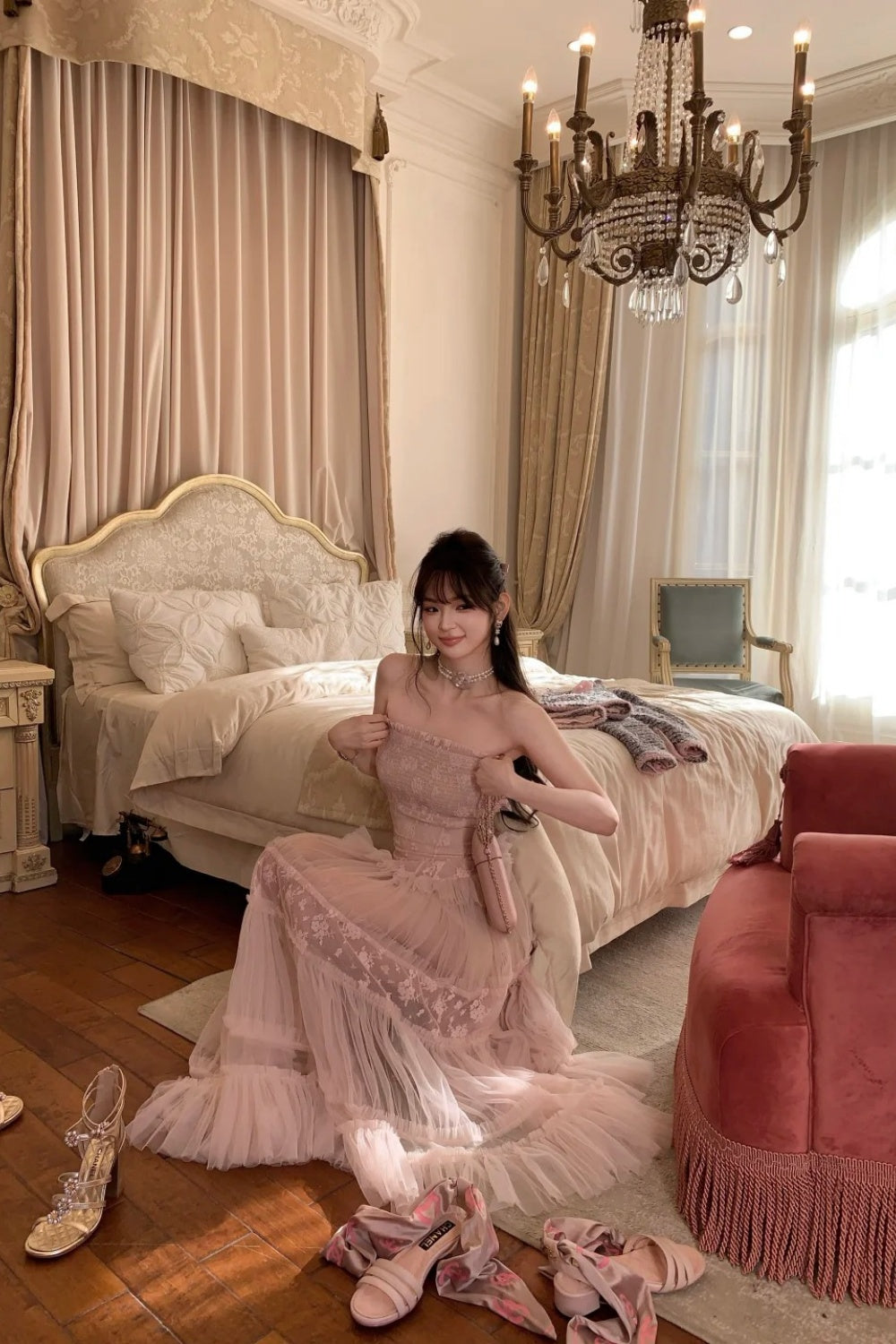 Robe de soirée longue en mousseline rose NV6745