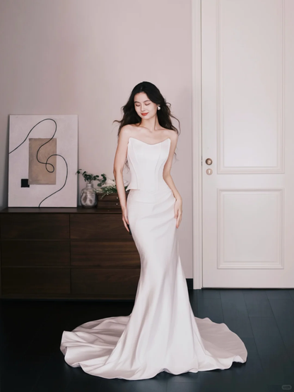 Strapless Satin Mermaid Bridal Gown, Simple Corset Wedding Dress  NV7329