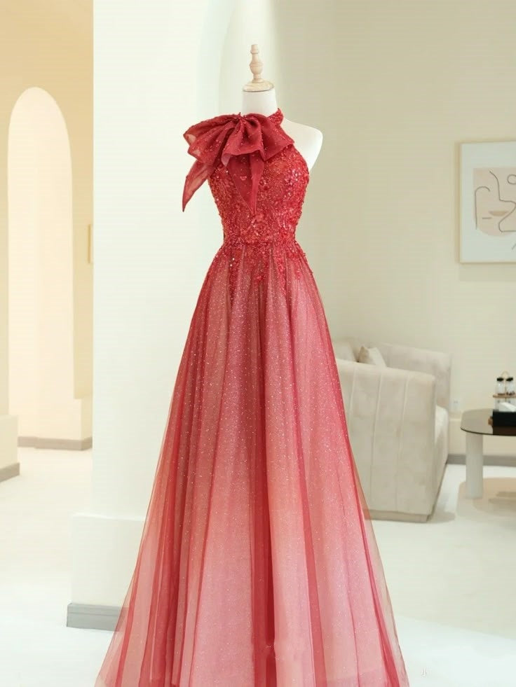 Red Fashion Gorgeous Exquisite Floral Applique Beading A-Line Sequined Long Tulle Elegant Floor Length Ball Gown Evening Dress nv3816