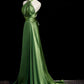 Green Soft Satin Halter Long Evening Dress Party Dress, Green A-Line Prom Dress nv1593
