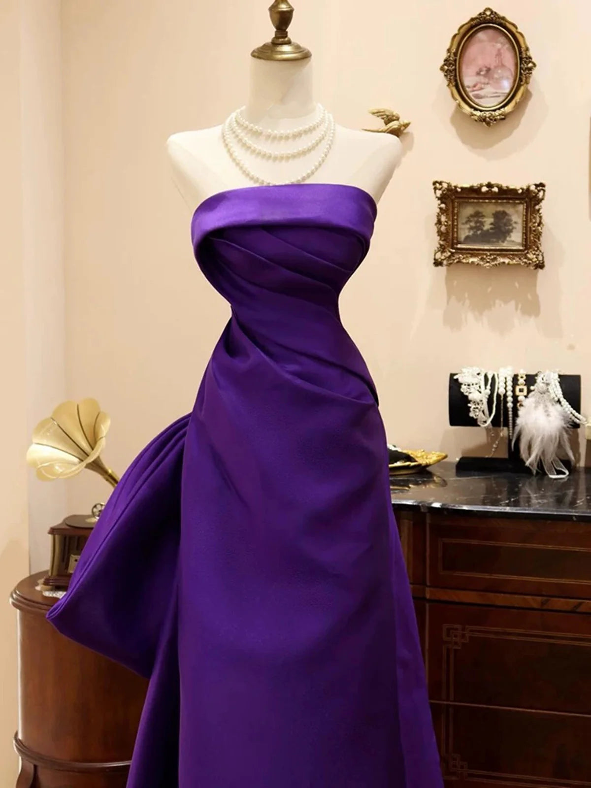 Purple Elegant Fashion Round Neck A-Line Floor Length Long Party Dress Satin Bowknot Long Ball Gown Evening Dress nv3845