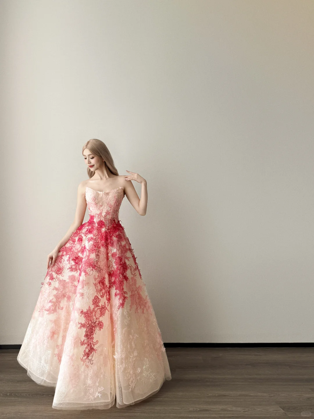 Strapless Pink Red Ombre Tulle Ball Gown 3D Floral Prom Dress  NV7129