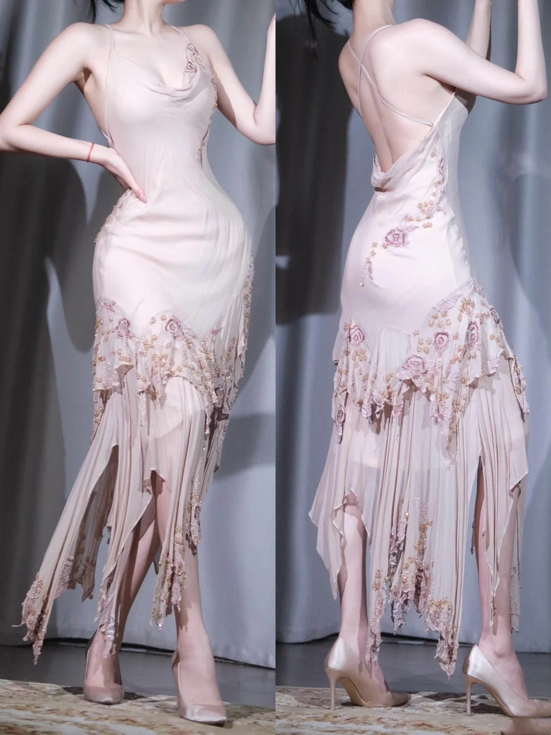 Robe de soirée Blush Dream - Débardeur dos nu en dentelle brodée avec ourlet asymétrique à franges, NV6851