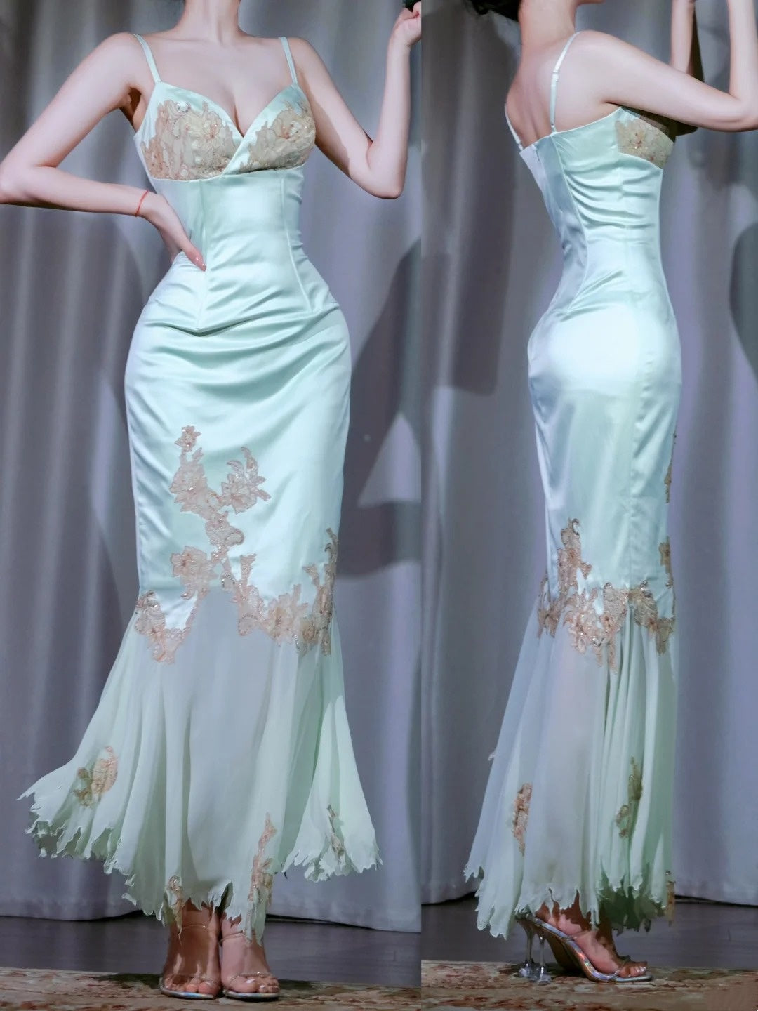 Robe de soirée sirène Blooming Summer en satin et dentelle, ourlet asymétrique en tulle, NV6850