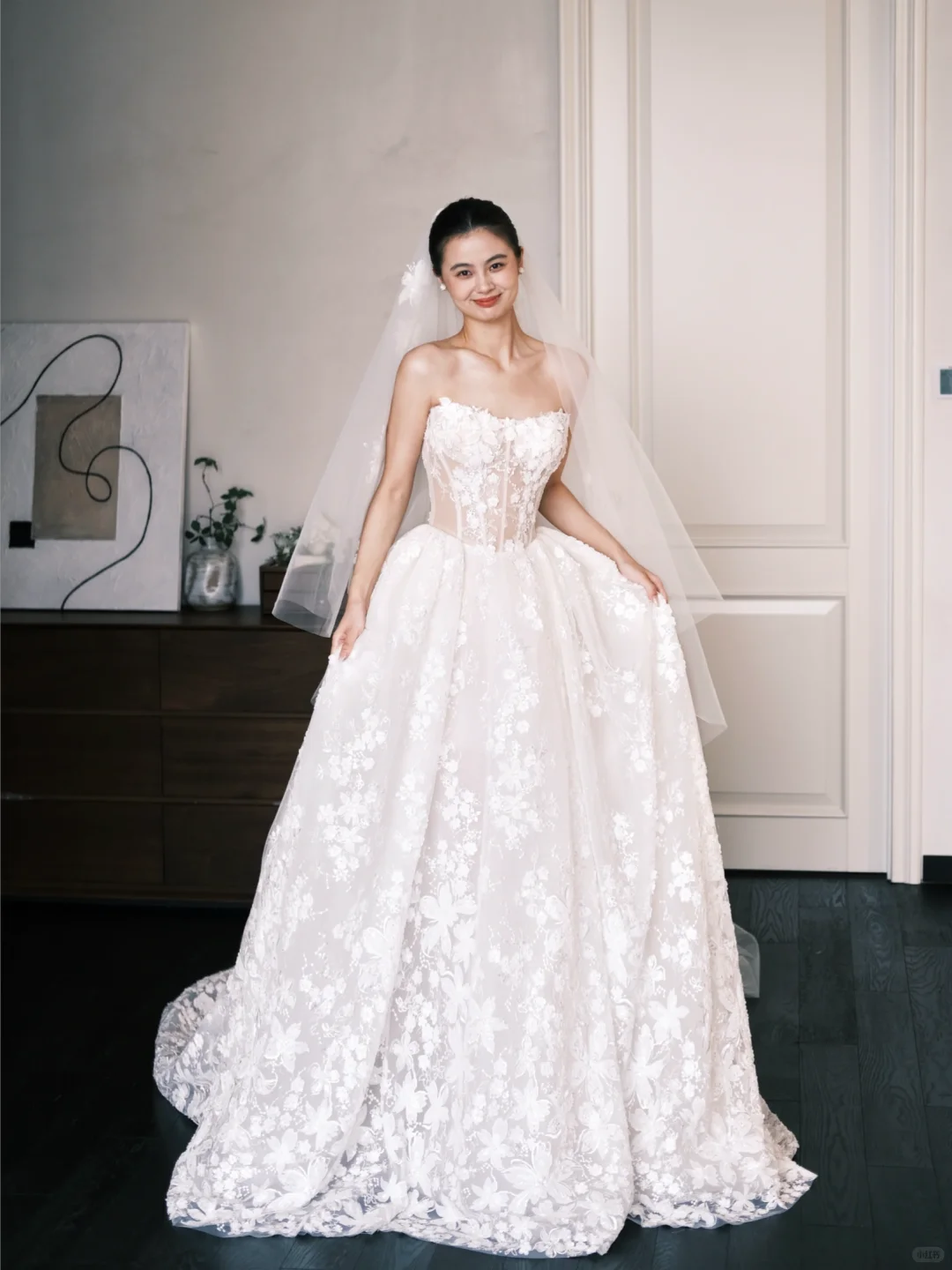Off Shoulder Ivory Lace Wedding Gown, 3D Floral Appliques Sheer Corset Ballgown Bridal Dress  NV7392