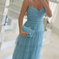 Robe de soirée longue en tulle bleu, élégante et charmante, coupe A-line, col en V, robe de bal nv2923