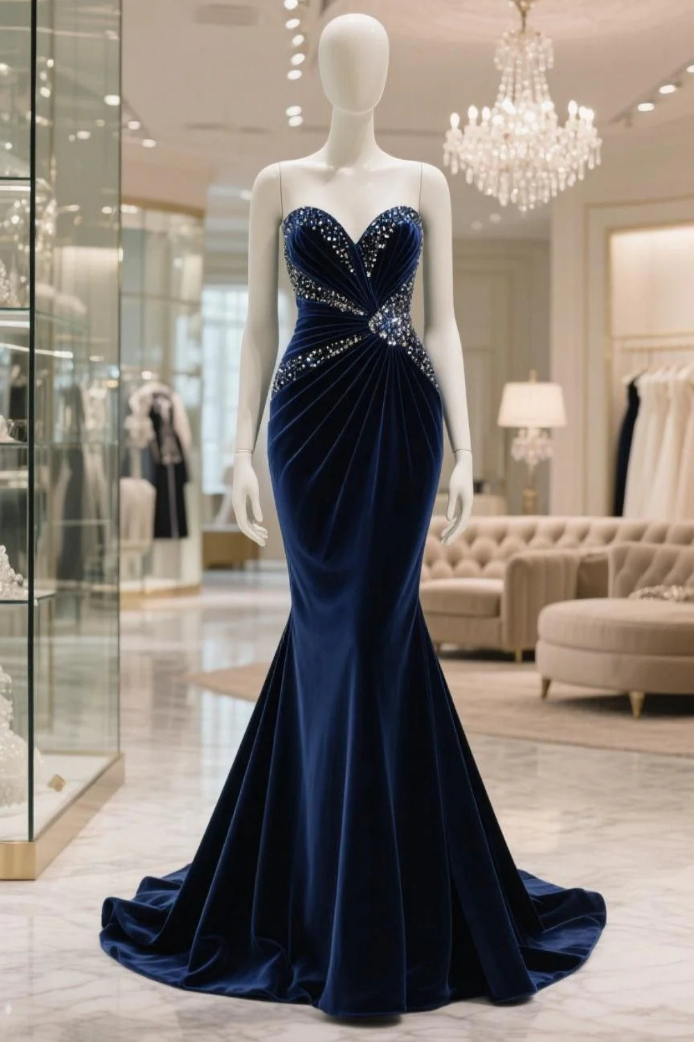 Robe longue en velours bleu marine à décolleté cœur NV6683