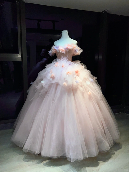 Blush 3D Floral Tulle Long Evening Gown Off The Shoulder Puffy Ball Gown Prom Dress  NV7064