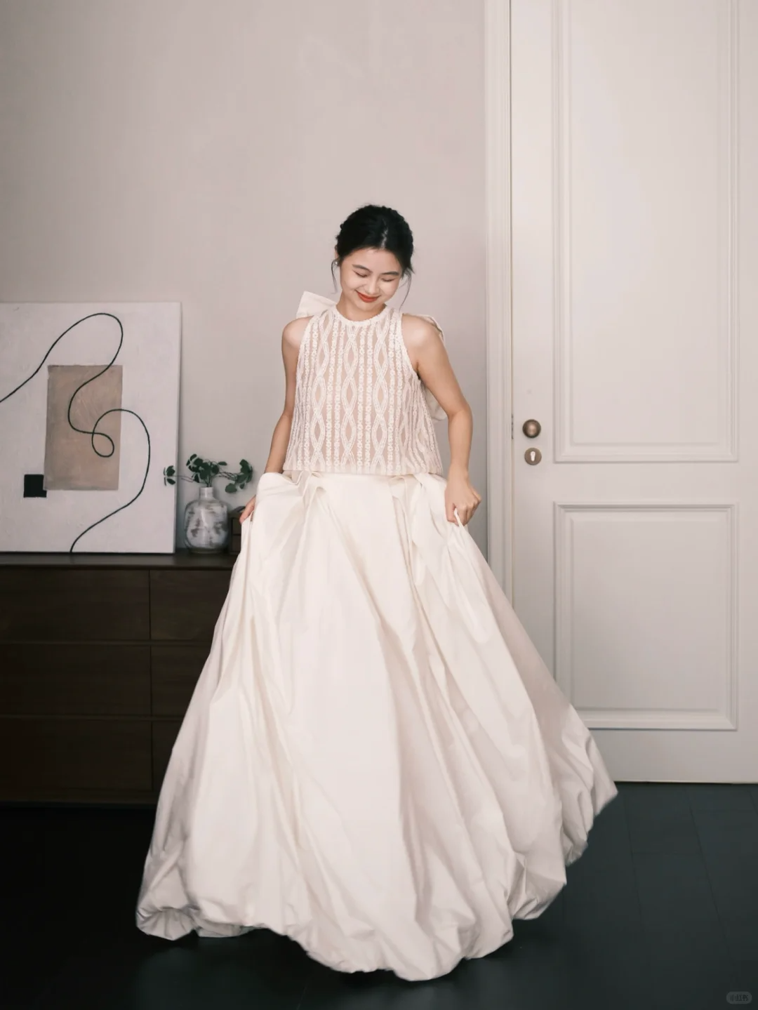 Two Piece Halter Lace Satin Wedding Dress with Back Bow and Pockets  NV7381