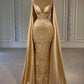Gold Mermaid Ball Gown with Wrap Beaded Lace Applique Evening Gown Party Dress nv2004