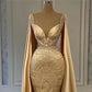 Gold Mermaid Ball Gown with Wrap Beaded Lace Applique Evening Gown Party Dress nv2004