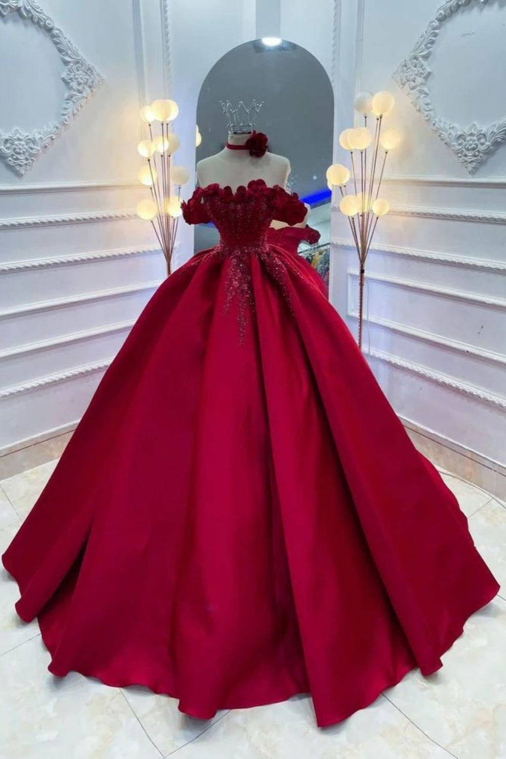 NiceVestidos--Red Floral Elegant Satin Long Prom Ball Gown NV5875