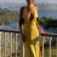 Yellow Satin Lace-up Halter V-neck Bodycon Evening Gown Prom Dress Party Dress nv1934