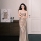 Strapless Champagne Rhinestone Mesh Prom Dress with High Side Slit  NV7378