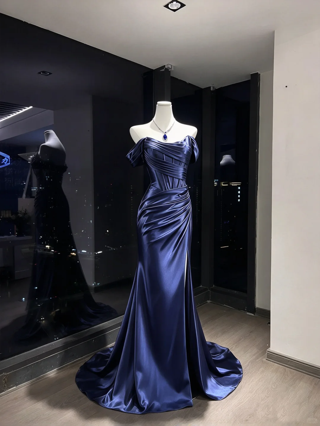 Navy Blue Off Shoulder Satin Mermaid Dress Ruched Corset High Slit Long Train Formal Prom Gown  NV6940