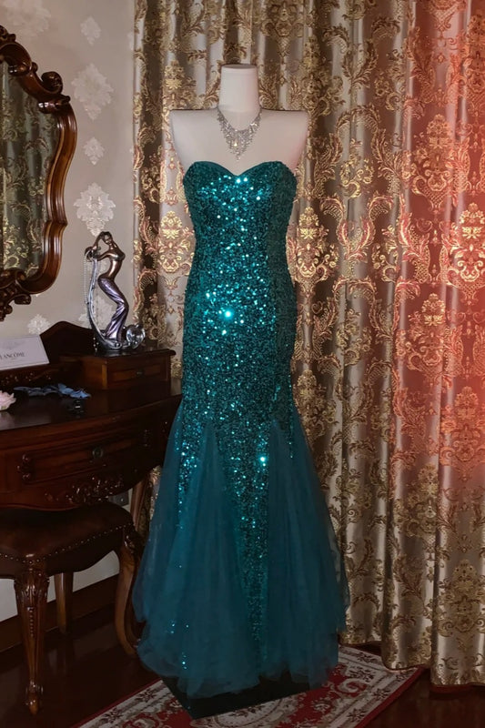 Robe de soirée bleu paon entièrement sertie de diamants, sans bretelles, avec traîne sirène - Robe scintillante pour dîner et remise de prix NV6368
