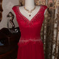 Robe de mariée rouge bordeaux luxueuse et élégante, ornée de perles, sans manches, col en V et traîne - Robe de mère de la mariée et robe de soirée NV6372